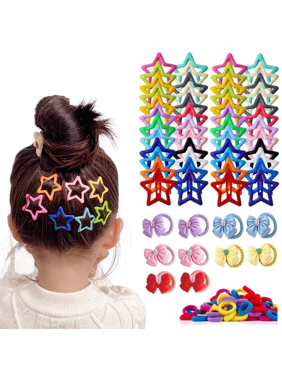 110 PCS Colorful Star Hair Clips Ties for Girls, Hair Accessories Set for Toddlers, Star Snap Clip Cute Bow Hair Ties Colorful Hair Elastic Kits for Kids
