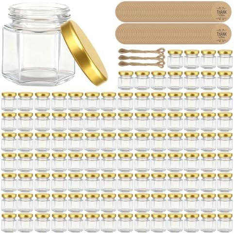 110 Pack 1.5 oz Mini Hexagon Glass Jars Bulk with Lids Small Mason Jars with Charms Twine for Store Dry Food Spice Honey Snacks Candy Wedding Party Favors$$Home Decor, Kitchen, & Other