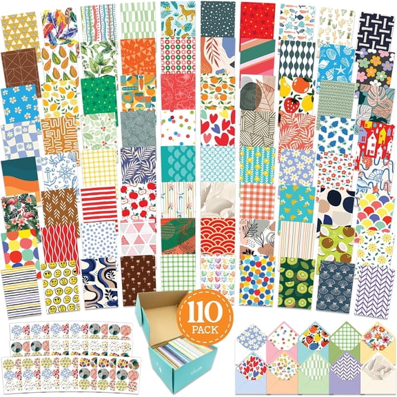 110 Pack 4x6in Assorted Blank Cards and Envelopes Bulk with Stickers, 110 Folded Unique Designs for Friends, Family & Loved Ones - Birthday, Kids Party, Anniversary, Gifting, Mailing