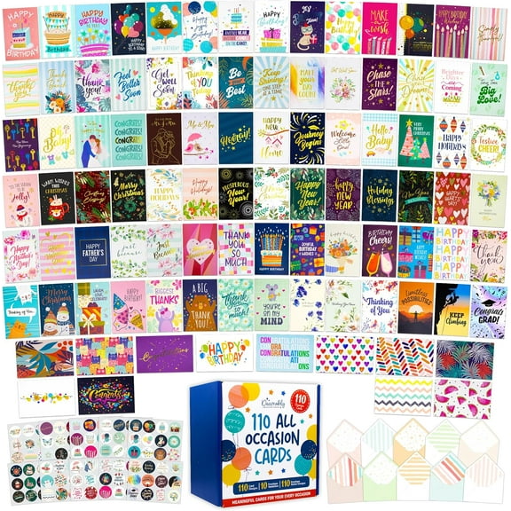 110 Pack Gold Foiled & Glittery 5x7in All Occasion Cards Assortment Box with Envelopes & Stickers, 110 Folded Unique Designs for Friends & Family with Printed Message - Gifting, Mailing