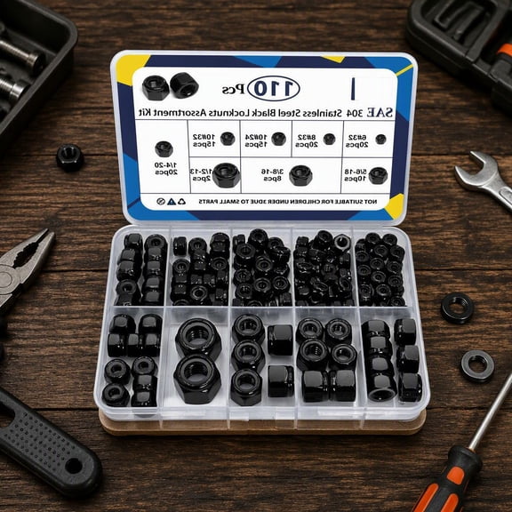 110 Pack Stainless Steel Nylon Insert Lock Nuts Assortment Kit, Black SAE Nylock Nuts Set, 8 Sizes 6#32 8#32 10#24 10#32 1/4"-20 5/16"-18 3/8"-16 1/2"-13, with Storage Box