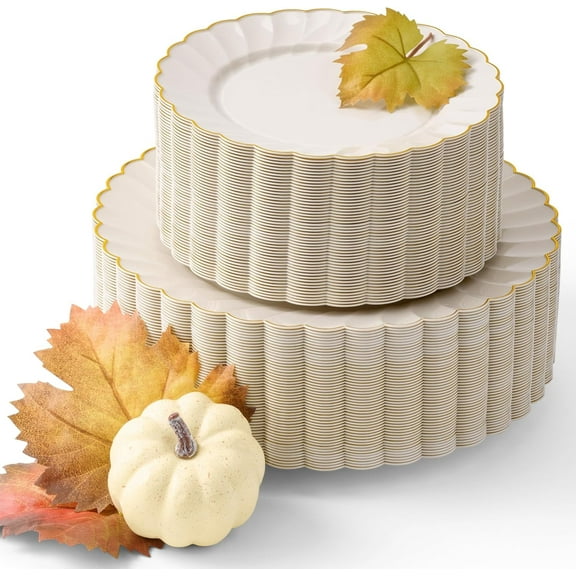 110 Pc Disposable Thanksgiving Plates, Ivory Scalloped Plastic Plates with Gold Trim for Fall Party, Friendsgiving & Wedding Dinnerware
