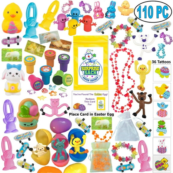 110 Pc Easter Egg Hunt Basket Fillers & Stuffers - Small Easter Toy Assortment (instead of candy) for Easter Baskets & Pinatas