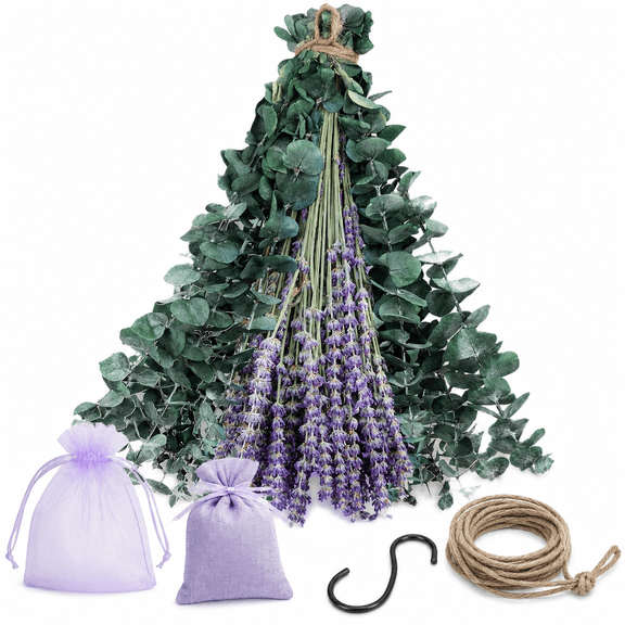 110 Pcs Dried Eucalyptus & Lavender Bundle for Shower Hanging | 17" Eucalyptus Stems Natural Lavender Flowers with organza bag for Bathroom Decor, Home Spa, Wedding Bouquets