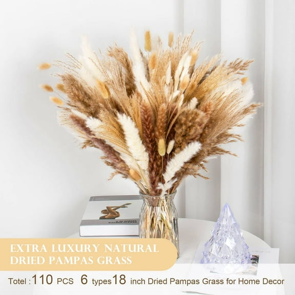 110 Pcs Dried Pampas Grass Decor Bulk 17 Inch White Pampas Reed Grass Fluffy Pampas Grass Tall Various Natural Dried Flower Bouquet Original Bunny Tails for Home Table Wedding Party Boho Decor