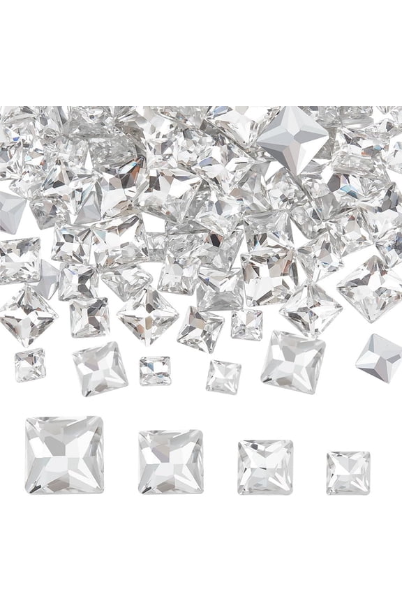 110 Pcs Mini Clear Pointed Back Rhinestone 8/10/12/14mm Square Faceted Glass Rhinestones No Hole Clear Glass Gems Crystal Jewelry Embellishments with Plated Back for DIY 1 Box