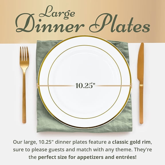 110 Pcs Plastic Dinner Plates, Disposable (10.25 inch, White w/Gold Rim) Heavy Duty Plates for Party, Elegant Dinner, Wedding, Birthday | White, Hard Plastic