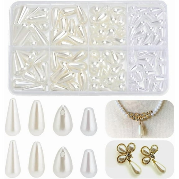 110 Pcs Tear Drop Pearl Beads 4 Sizes White Plastic Water Drop Pearl Beads for Bracelet Necklace Jewelry Making for DIY