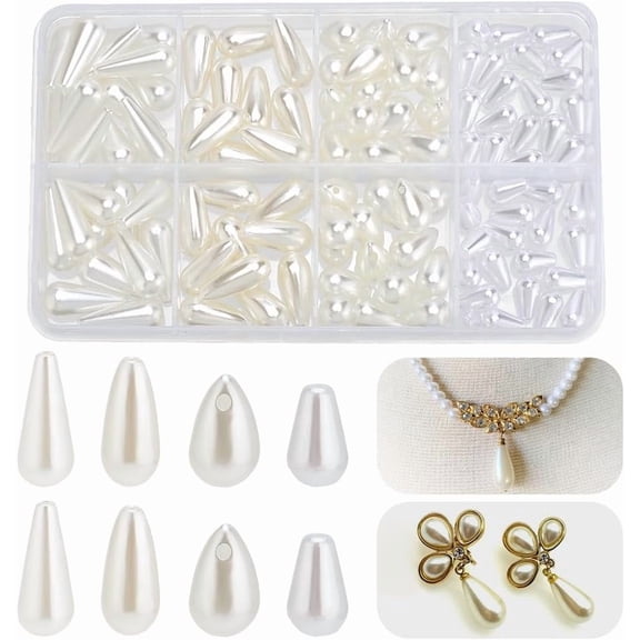 110 Pcs Tear Drop Pearl Beads 4 Sizes White Plastic Water Drop Pearl Beads