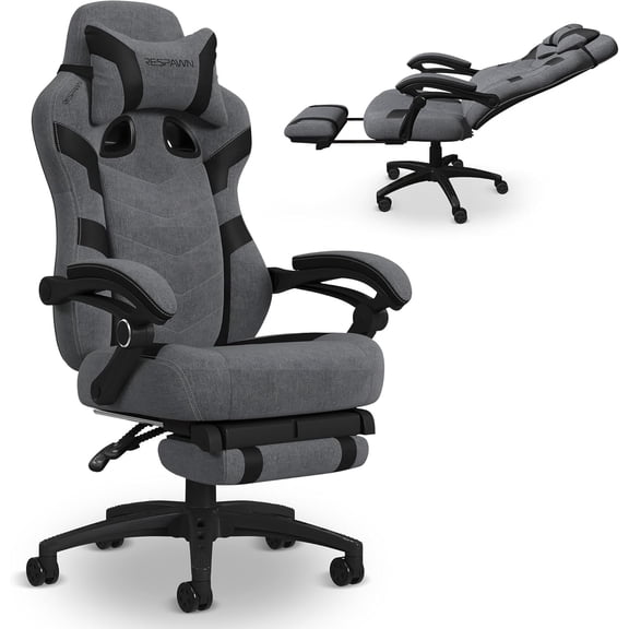 110 Pro Ergonomic Gaming Chair with Footrest for Adults - Comfortable Office Gaming Recliner with Lumbar Support and Headrest, Racing Style Video Game Chairs for Computer Gamer - Gray Fabric