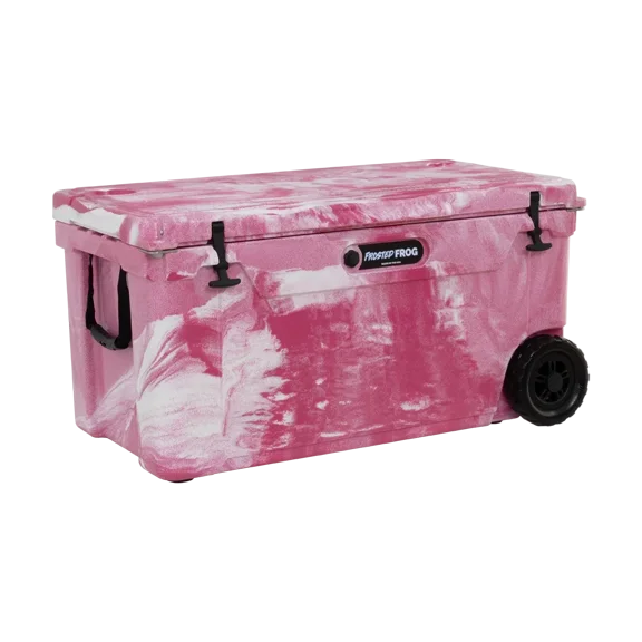 110 Quart Rolling Cooler with Wheels  USA Made Hard Sided Ice Chest, Pink White Camo | Frosted Frog
