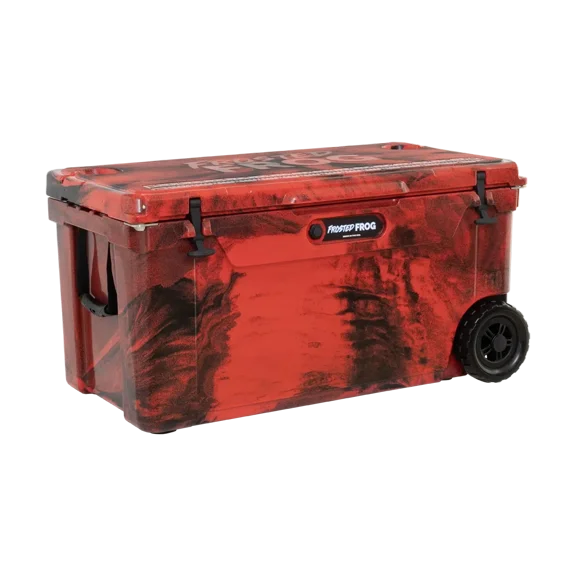 110 Quart Rolling Cooler with Wheels USA Made Hard Sided Ice Chest, Red Black Camo | Frosted Frog