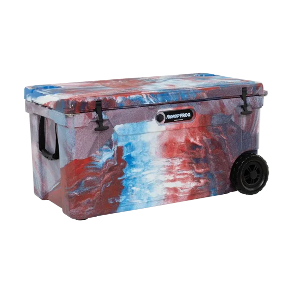 110 Quart Rolling Cooler with Wheels USA Made Hard Sided Ice Chest, Red White Blue Camo | Frosted Frog