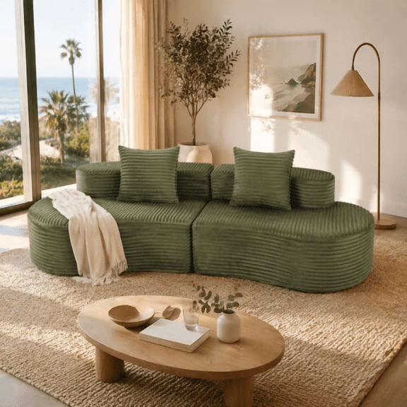 110" Ribbed Corduroy Traditional Sofa, Comfy Couch Compressed Vacuum Pack, Modern Sofa Couch Lumbar Pillows for apartment home office, Green