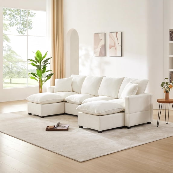 110" Sectional Couches for Living Room, Modern Convertible Upholstered Comfy Sleeper Sofa with Ottoman 2 Pillows, Sofa Sectionals for Living Room, Apartment, Office, White