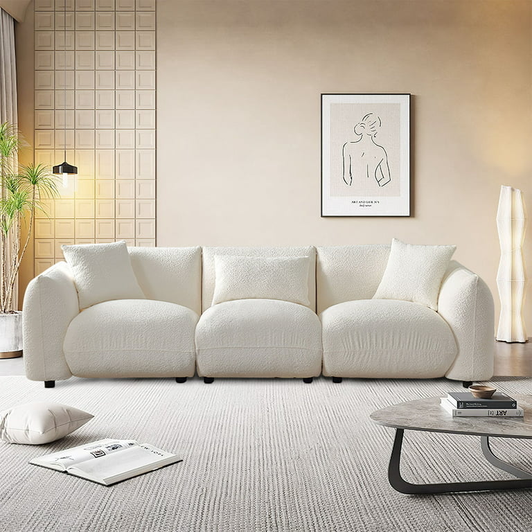 110 Sectional Sofa Cloud Couch for Living Room, Mid-Century Modern Comfy  Lambs Wool Fabric 3 Seat Couch Deep Seat Sofa with Thick Cushions, Beige
