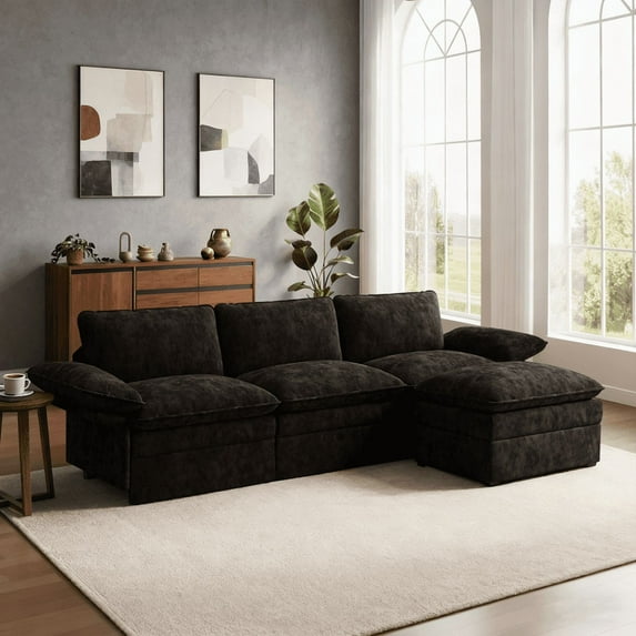 110" Sectional Sofa for Living Room Fluffy Comfy Couches for Apartment 3 Seater Sectional Couch with Ottoman Black