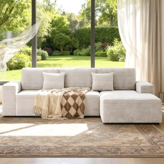 110" Home 3 Seat Sectional Sofa with Lounge, Oversized L-Shape Modular Convertible Sleeper Cloud Couch Sofa Bed W/5 Pillows,Corduroy Couch Sofa for Living Room and Apartment, Beige,Right