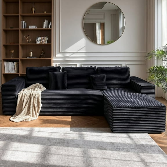 110" Home 3 Seat Sectional Sofa with Lounge, Right L-Shape Modular Convertible Sleeper Cloud Couch Sofa Bed W/5 Pillows,Corduroy Couch Sofa for Living Room Apartment, Black