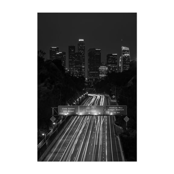 110 South 01 B&W - Los Angeles California Photography Cityscape Skyline Black and White Nightlife Street Photography Architecture Night Sky Unframed Wall Art Print 4 x 6 inches