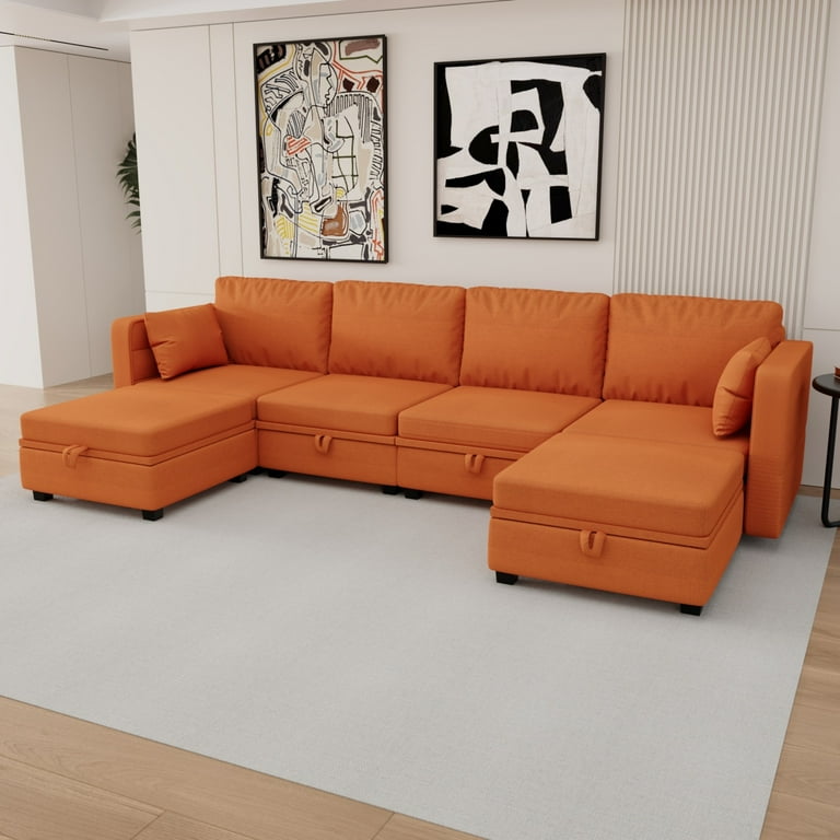 Orange couch with chaise deals