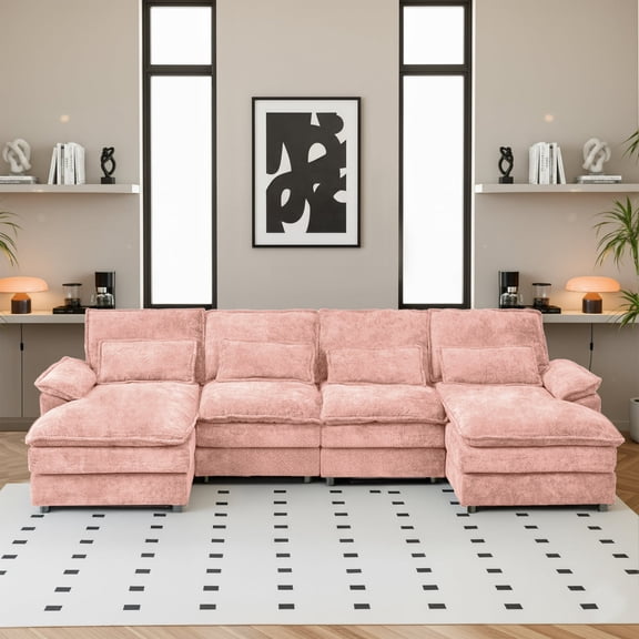110 U-Shaped Couch, Pink Cloud Modular Sectional Sofa, 4 Seats with Pillows for Living Room, Ultra Comfy Chenille Fabric, Deep Double Cushions