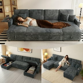110" U Shaped Couch,Sleeper Sectional Sofa, Convertible Cloud Sofa with Pull Out Bed,Modular Couch with Double Storage Chaise, Small Desktop,USB (Corduroy,Dark Grey)