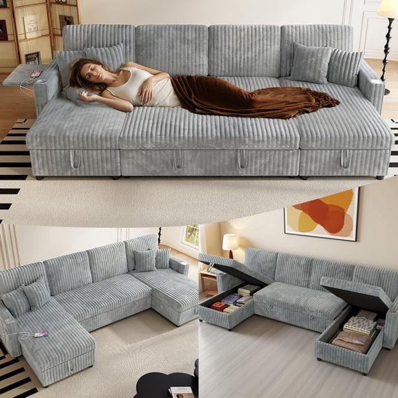 110" U Shaped Couch,Sleeper Sectional Sofa, Convertible Cloud Sofa with Pull Out Bed,Modular Couch with Double Storage Chaise, Small Desktop,USB (Corduroy,Grey)
