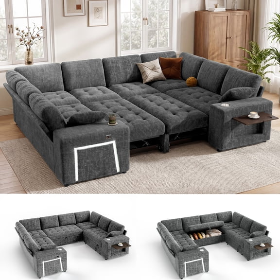 110" UShaped Modular Sectional Sleeper Sofa, 8Seater PullOut Bed Couch with Storage Ottoman, USB Ports, Cup Holders, Side Table, LED Lights, ToolFree Assembly,Gray