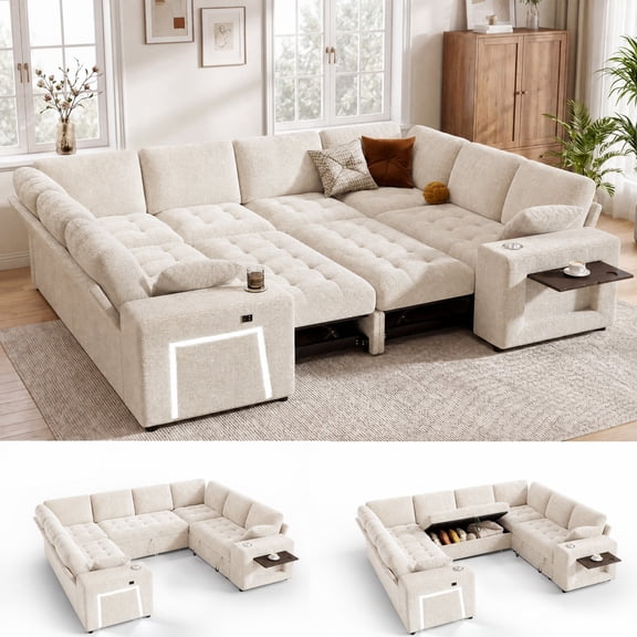 110" UShaped Modular Sectional Sleeper Sofa, 8Seater PullOut Bed Couch with Storage Ottoman, USB Ports, Cup Holders, Side Table, LED Lights, ToolFree Assembly