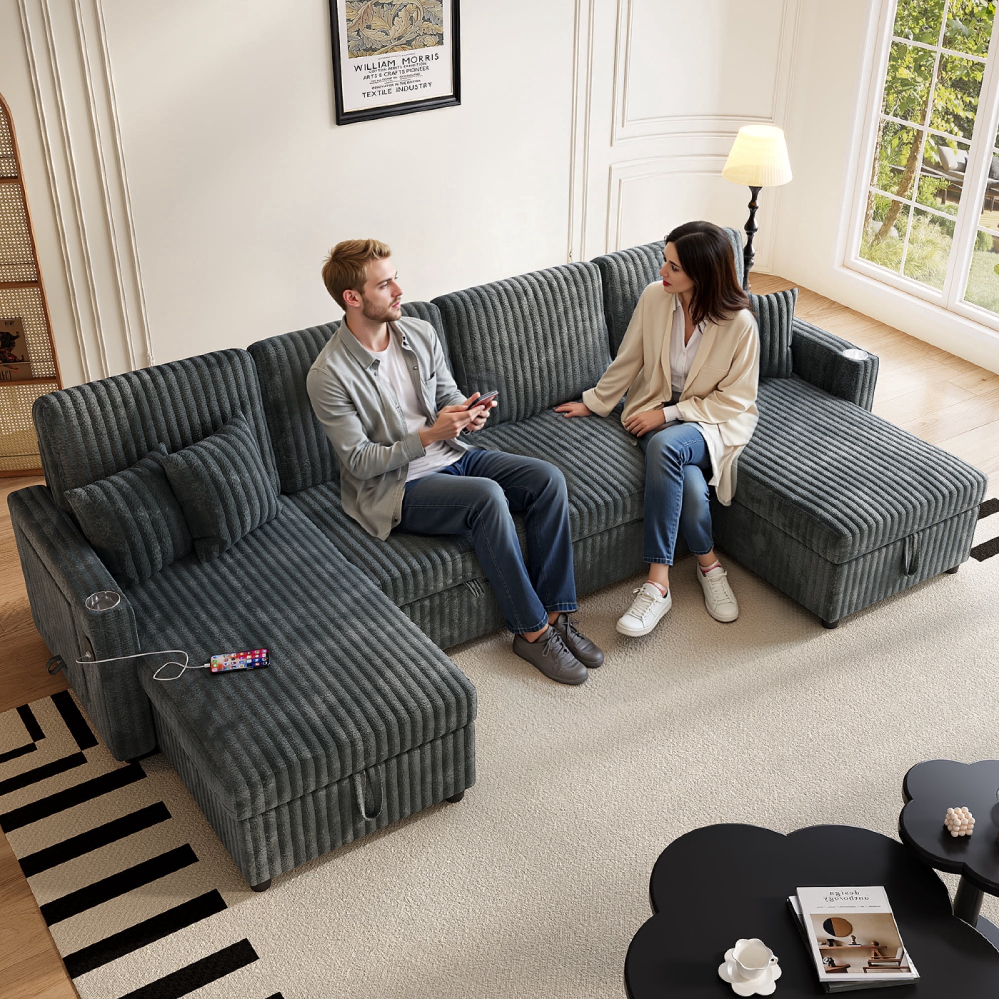 110" U-Shaped Sleeper Sofa with Pull-Out Bed & Double Storage Chaise ...