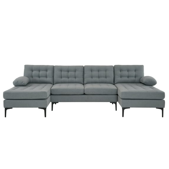 110" U-shaped Sectional Sofa with 2 Chaise and Metal Legs, Linen Upholstered Sofa Couch with Tufted Backrest and Seats for Living Room,Office, Gray