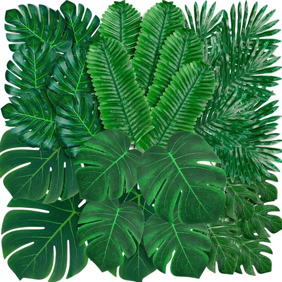 110 count Artificial Tropical Palm Monstera, 7 Kinds Large Small Palm Leaf with Stems for Safari Jungle Hawaiian Luau Party Table Decoration Wedding Birthday Theme Party (Green)