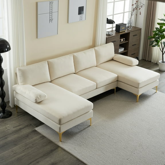 110 inch U-Shaped 4-Seat Linen Seat Frame Wooden Frame Back Iron Frame Golden Feet Indoor Modular Sofa Beige