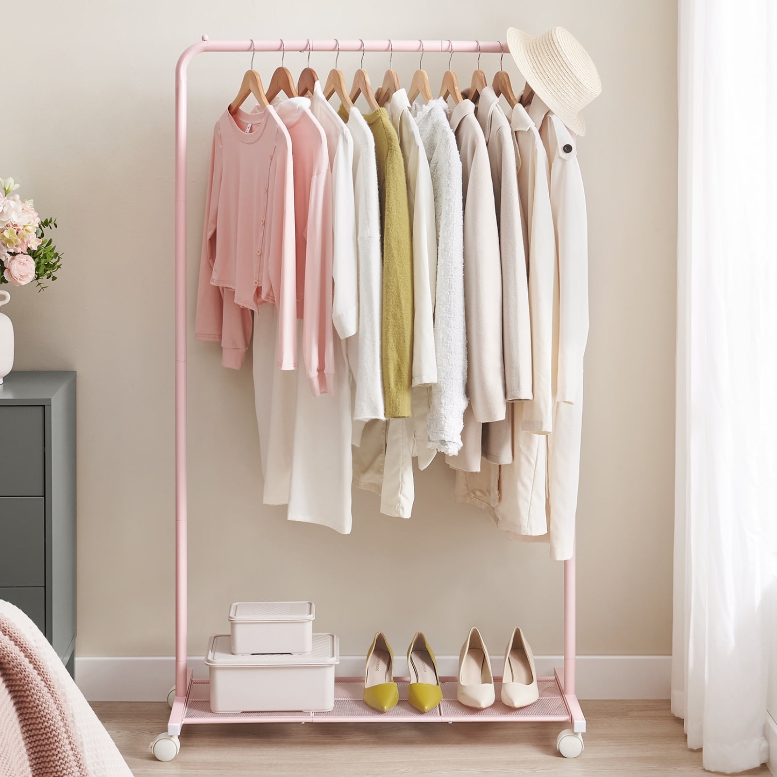 Jelly Pink Steel Portable Clothes Rack with Wheels and Storage Shelf