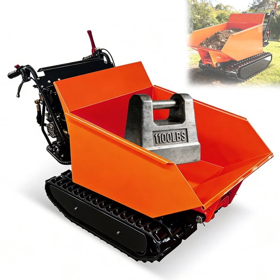 1100 Lbs Capacity Track Barrow, with Hydraulic-Assisted Tipping, Steel Electric Wheelbarrow, All-Terrain Driving, Gas Powered Dumper Garden Cart, 3F+1R Gearbox, Briggs XR1450, 306cc 10HP