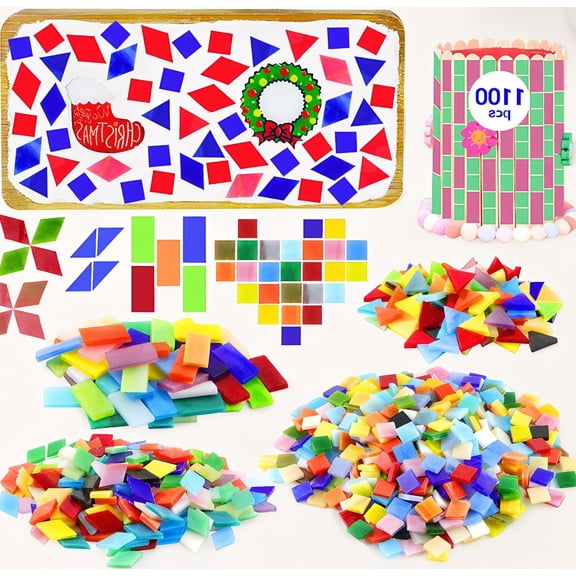 1100 Mixed Shape Glass Mosaic Tiles, Square Rhombus Triangle Rectangle Pieces for DIY Crafts Art Projects Home Decor