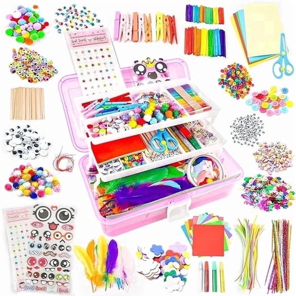 1100+ Pcs Arts and Crafts Kit with Beads, Stickers & Sequins, Portable 3-Tier Carrying Case for Boys Girls (Pink)