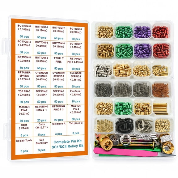 1100-Piece SC1 /SC4 Re-key Kit – Door Lock Cylinder Repair Set with Bottom Pins (0-9), Top Pins, Springs, Caps, 10 Tailpieces & 5 Service Tools & Replacement