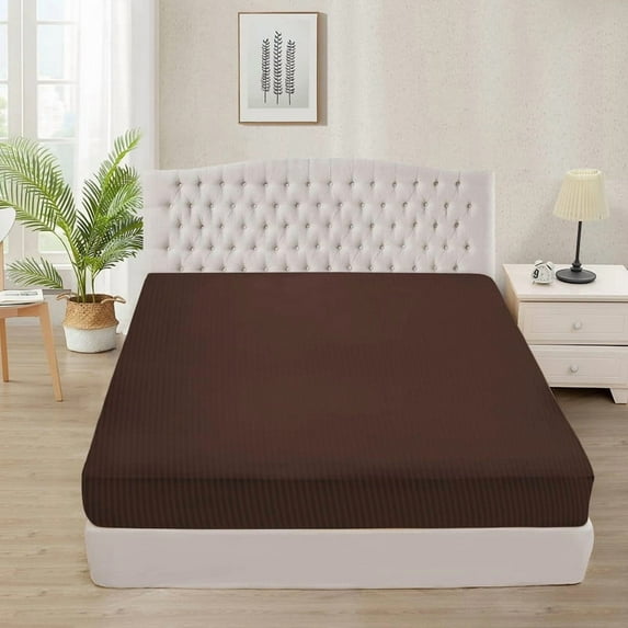 1100 Thread Count 100% Egyptian Cotton 3-Piece Fitted Sheet ( 1 Fitted Sheet + 2 Pillow Covers) 18 Inches Deep Pocket Size Full Color Chocolate Stripe