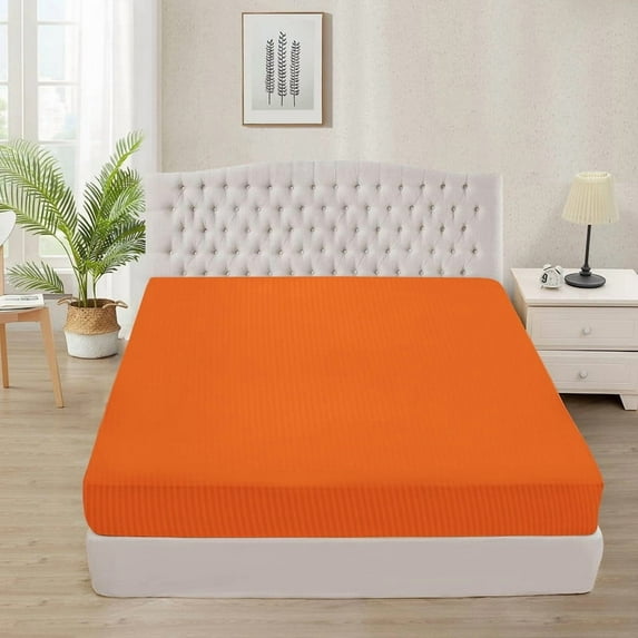 1100 Thread Count 100% Egyptian Cotton 3-Piece Fitted Sheet ( 1 Fitted Sheet + 2 Pillow Covers) 27 Inches Deep Pocket Size California-King Color Orange Stripe
