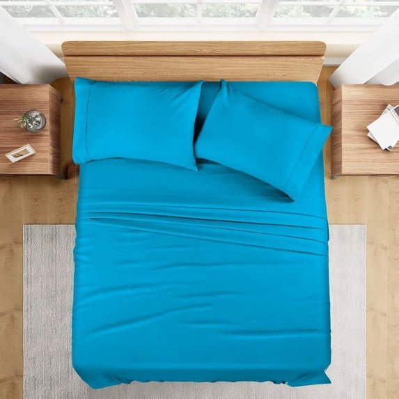300 Thread Count 100% Egyptian Cotton 4-Piece Bed Sheet Set (1 Flat, 1 Fitted Sheet, 2 Pillow Covers) 18 Inches Deep Pocket Size Queen Color Turquise Blue Solid