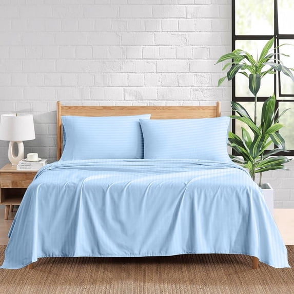 1100 Thread Count 100% Egyptian Cotton 4-Piece Bed Sheet Set (1 Flat, 1 Fitted Sheet, 2 Pillow Covers) 21 Inches Deep Pocket Size Full Color Sky Blue Stripe