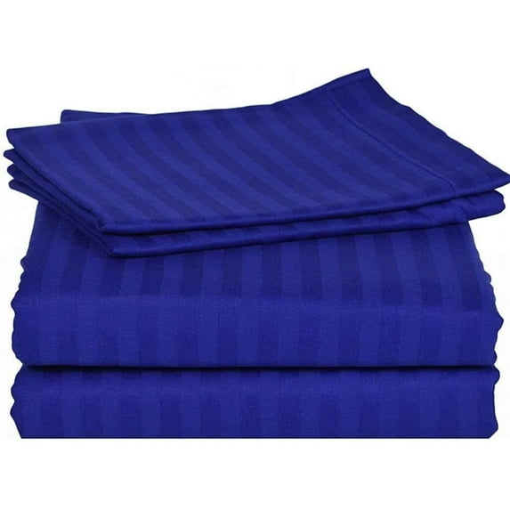 1100 Thread Count 100% Egyptian Cotton 4-Piece Bed Sheet Set (1 Flat, 1 Fitted Sheet, 2 Pillow Covers) 30 Inches Deep Pocket Size Queen Color Royal Blue Stripe