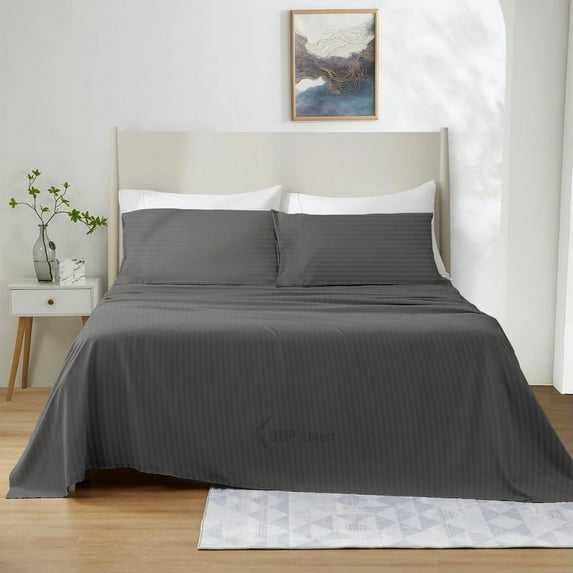 1100 Thread Count 4 Piece Quality Sheet Set 12 Inch Deep Pocket 100% Egyptian Cotton Color Dark Grey Stripe Size King