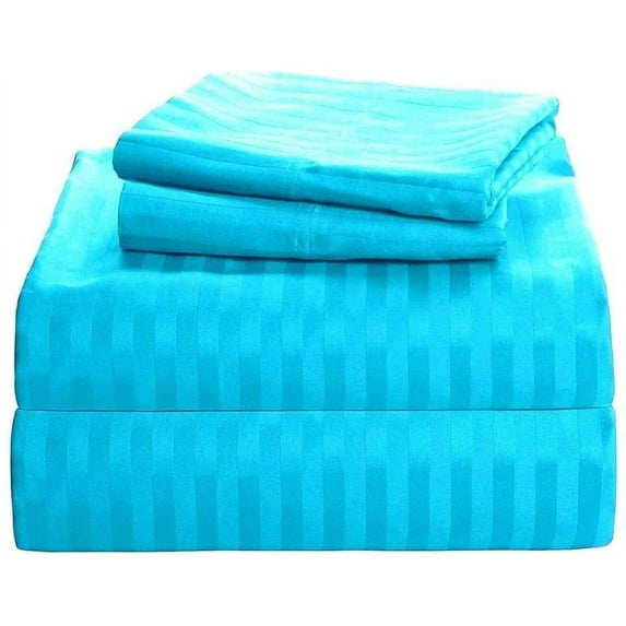 1100 Thread Count 4 Piece Quality Sheet Set 12 Inch Deep Pocket 100% Egyptian Cotton Color Turquise Blue Stripe Size Queen