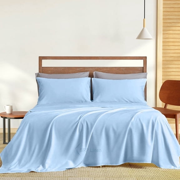 1100 Thread Count 4 Piece Quality Sheet Set 15 Inch Deep Pocket 100% Egyptian Cotton Color Light Blue Solid Size Queen
