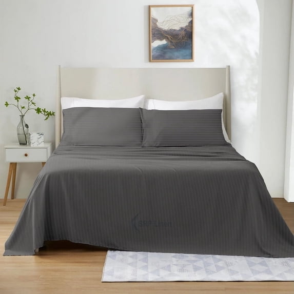 1100 Thread Count 4 Piece Quality Sheet Set 27 Inch Deep Pocket 100% Egyptian Cotton Color Dark Grey Stripe Size Queen