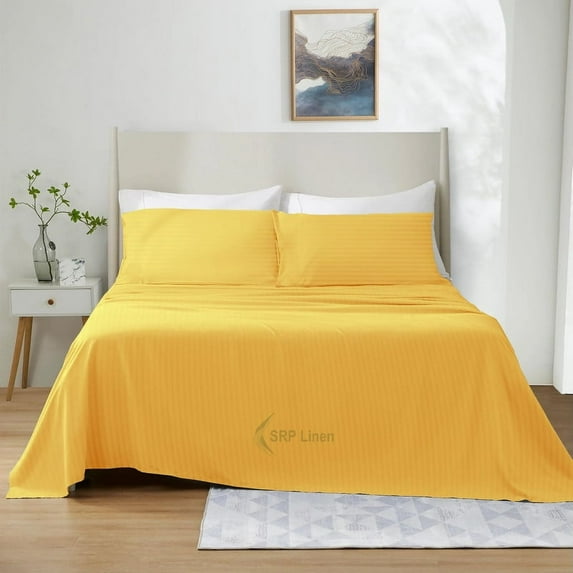 1100 Thread Count 4 Piece Quality Sheet Set 30 Inch Deep Pocket 100% Egyptian Cotton Color Gold Stripe Size Full
