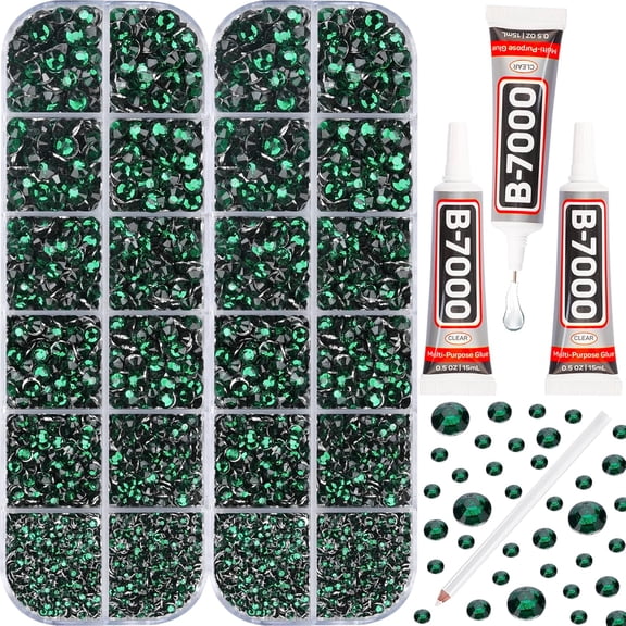 11000PCS Emerald Green Rhinestones for Bedazzling, Mixed Sized 2,3,4,5MM Dark Green Flatback Gems Bedazzle Kit with B7000 Glue, Flat Back Resin Diamond Crystal Jewel Gemstone for Crafts Clothes